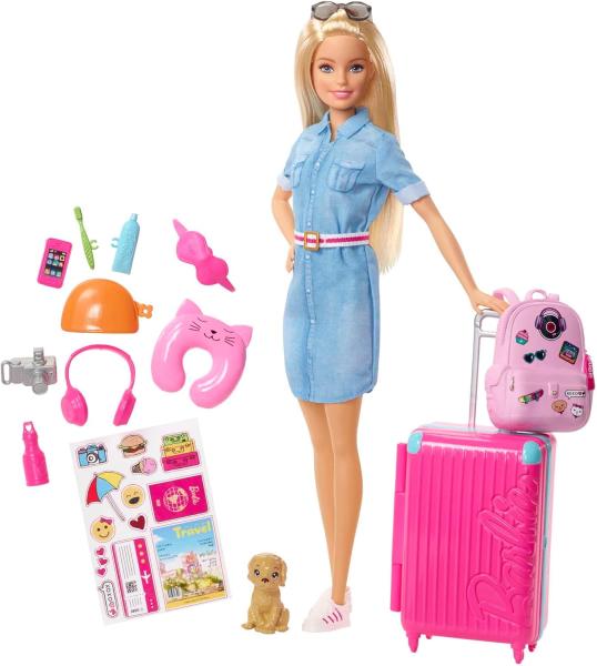 Image Coffret 10 Accessoires Barbie FWV25 Voyage - avec Poupée et Chien Valise, Caisse de Transport, Tenue et Autocollants