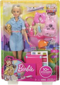 Image Coffret 10 Accessoires Barbie FWV25 Voyage - avec Poupée et Chien Valise, Caisse de Transport, Tenue et Autocollants