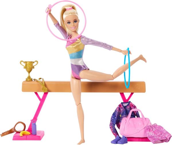 Image Coffret 10 Accessoires Barbie HRG52 Gymnastique - 1 Poupée Blonde, Pince en C, Poutre D’Équilibre, Combinaison D’Échauffement