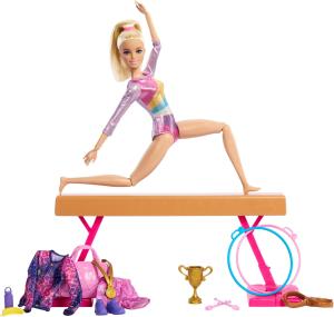 Image Coffret 10 Accessoires Barbie HRG52 Gymnastique - 1 Poupée Blonde, Pince en C, Poutre D’Équilibre, Combinaison D’Échauffement