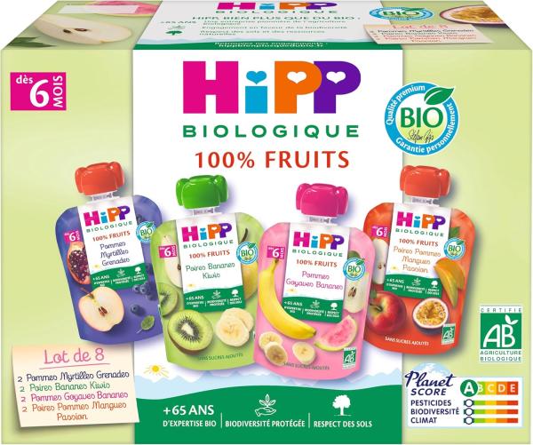 Image Multipack HiPP Biologique 100% Fruits - 8 Gourdes - 4 variétés dès 6 mois - 8 x 90 g
