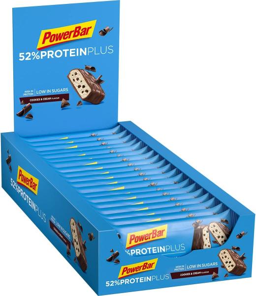 Image Pack 20x50g PowerBar Protein Plus 52% Cookies&Cream - Barres Protéinées Faibles en Sucres