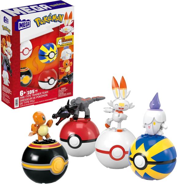 Image Coffret 105 Pièces MEGA HTJ06 Pokémon - Construction Dresseur avec 4 Figurines Articulées Type Feu Et 4 Poké Balls avec Picots