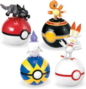 Image Coffret 105 Pièces MEGA HTJ06 Pokémon - Construction Dresseur avec 4 Figurines Articulées Type Feu Et 4 Poké Balls avec Picots