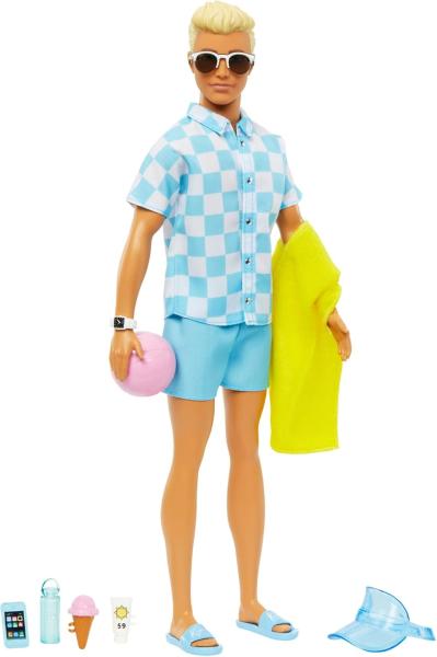 Image Poupée Ken Barbie HPL74 Blonde avec Chemise Bleue Et Short De Bain