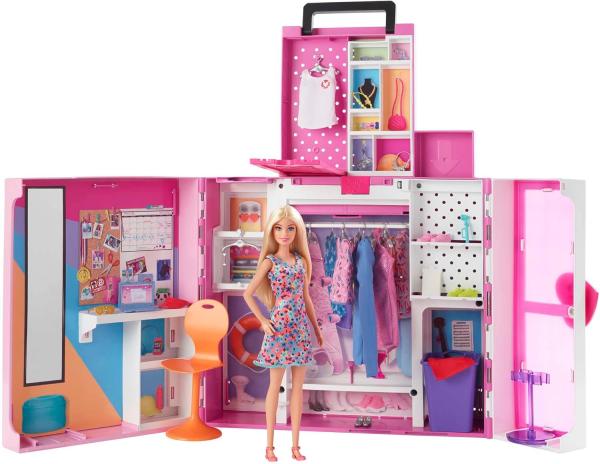 Image Coffret Barbie HGX57 Dressing Deluxe - Poupée Blonde, 15 espaces de Rangement, Plus de 30 Tenues et Accessoires
