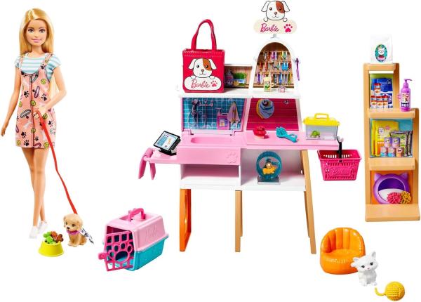 Image Coffret Poupée Barbie GRG90 Mobilier et Son animalerie -  4 Figurines Animaux et Accessoires Inclus, Jouet pour Enfant