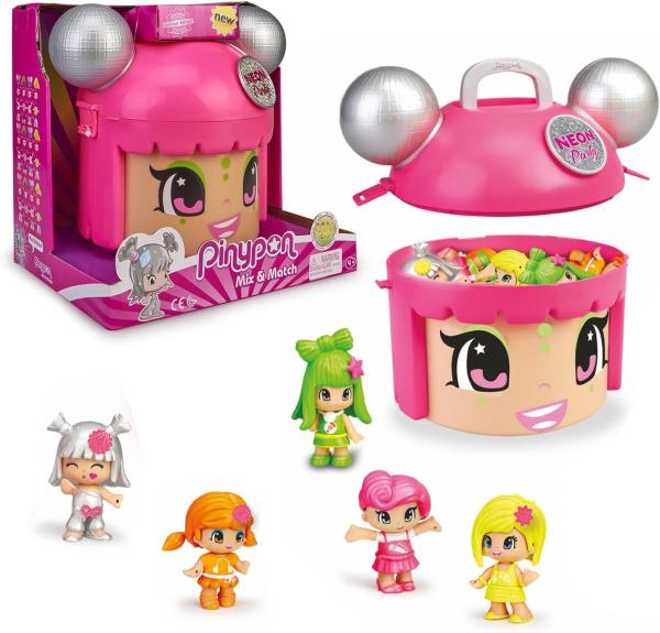 Image Pack Figurines Pinypon 700015210 Famosa  - Mix & Max Neon Party, Conteneur avec 5 Figurines Exclusives Multicolore
