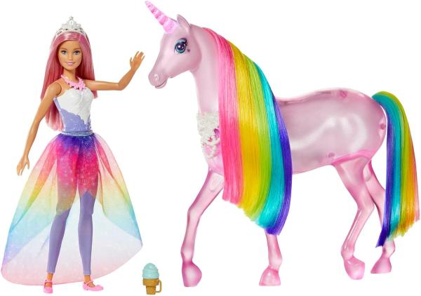 Image Poupée Barbie GWM78 Dreamtopia Licorne Rose Lumières Magiques crinière Arc-en-Ciel