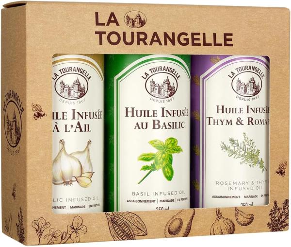 Image Coffret La Tourangelle - 3 Huiles Infusées Basilic, Ail Et Thym & Romarin Goût Intense Savoureux Pour Les Gourmands Passionnés De Cuisine , 250 Ml