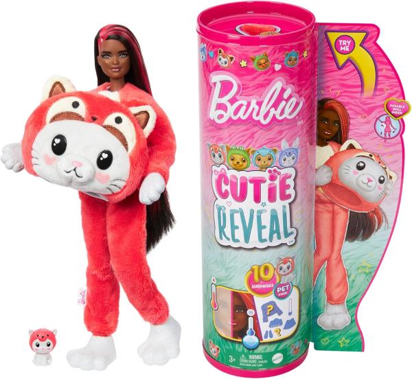 Image Coffret Barbie HRK23 Cutie Reveal Avec Poupée Articulée Cheveux Noirs Mèches Rouges, Chaton Panda