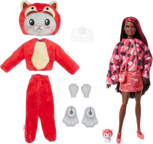 Image Coffret Barbie HRK23 Cutie Reveal Avec Poupée Articulée Cheveux Noirs Mèches Rouges, Chaton Panda