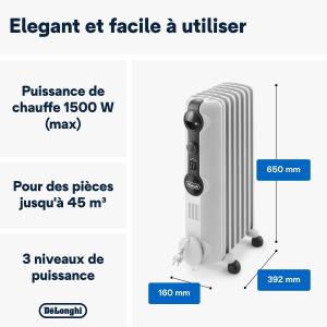 Image Radiateur Électrique Bain d'Huile De'Longhi TRRS0715 Radia S - 3 Niveaux de Chauffage, Boutons Réglables, 1500W, Blanc