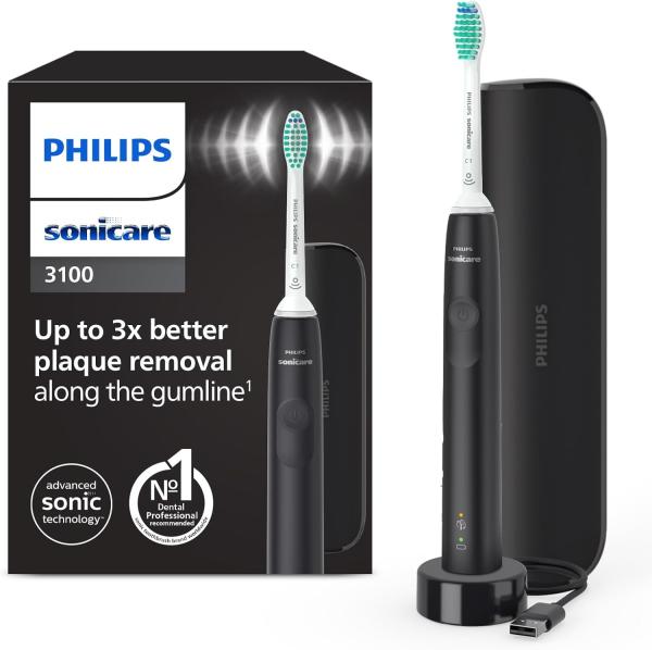 Image Brosse à dents électrique sonique Philips HX3673/14 Sonicare 3100 capteur de pression et minuterie, étui de voyage, noir