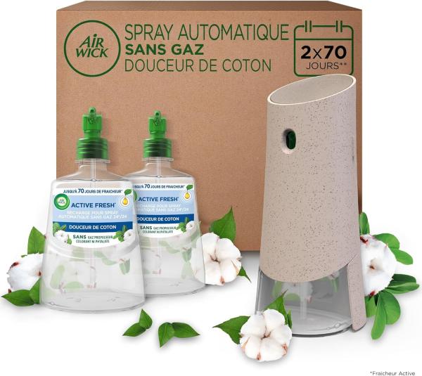 Image Pack Désodorisant Air Wick Active Fresh - 1 Diffuseur + 2 Recharges Parfum Douceur de Coton Spray Automatique Sans Gaz
