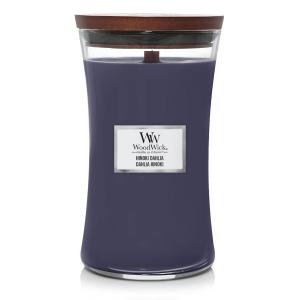 Image WoodWick Dahlia Hinoki - Grande Bougie Parfumée en Jarre Sablier - Bois d’hinoki, la prune veloutée et le dahlia de minuit.