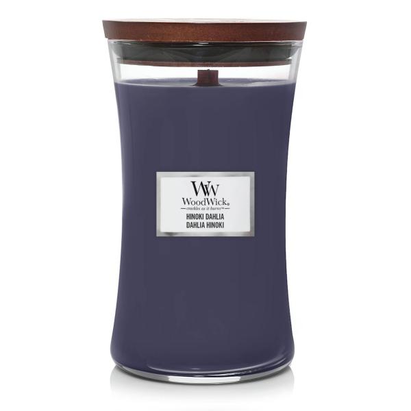 Image WoodWick Dahlia Hinoki - Grande Bougie Parfumée en Jarre Sablier - Bois d’hinoki, la prune veloutée et le dahlia de minuit.