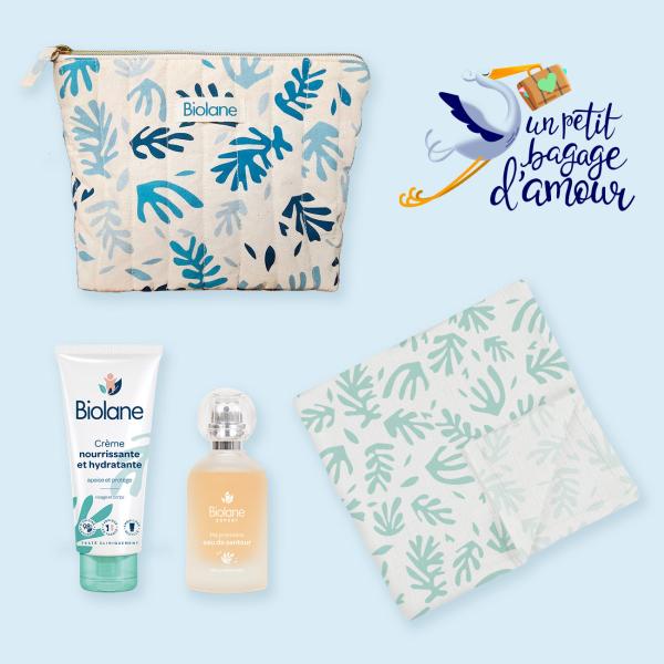 Image Coffret Solidaire Un petit bagage d'amour - Trousse + Crème nourrissante et hydratante + L'eau de senteur + Lange en Coton