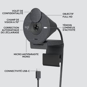 Image Webcam Streaming FHD Logitech Brio 300 Avec Volet Confidentialité, micro à réduction de bruit, USB-C - Graphite