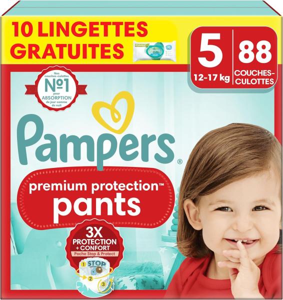 Image Pack 88 Couches Culottes Pampers Premium Protection Pants - Taille 5 + 10 Lingettes Harmonie Aqua Gratuites