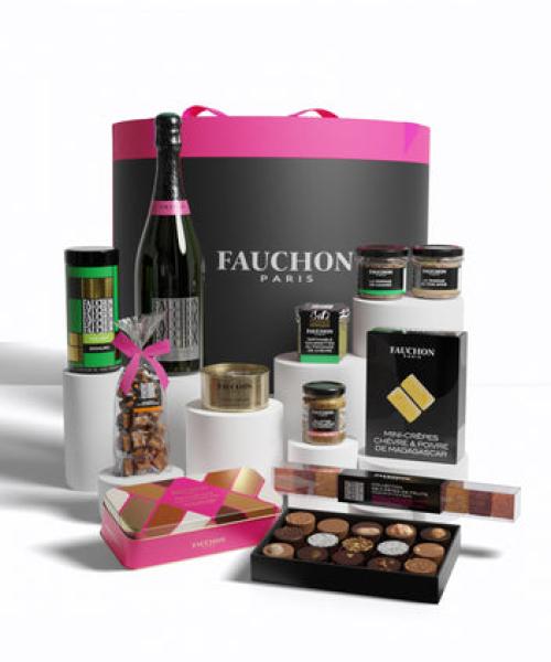 Image FAUCHON Boîte Chapeau Glam - Coffret Pralinés, Caramels, Pâtes de Fruits, Petits-beurre au Chocolat, Tartinable, Foie Gras, Terrine, Rillettes, Thé Gyokuro, Champagne