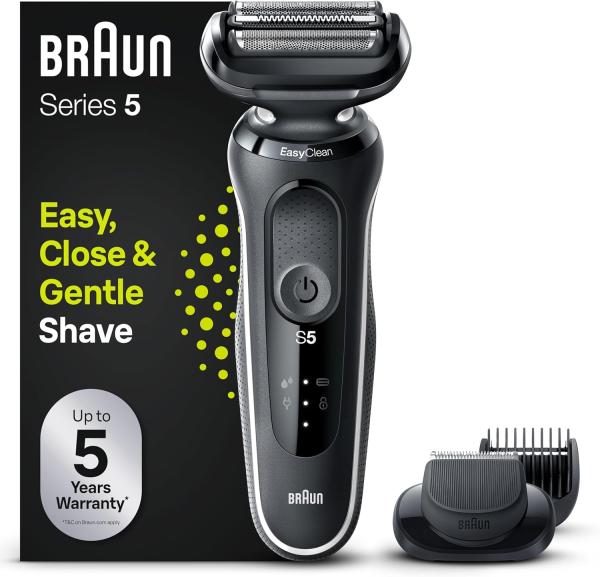 Image Rasoir Électrique Homme Braun 51-W1500s Series 5  + Clip Tondeuse EasyClick & EasyClean, Étanche - Blanc