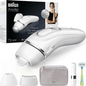Image Épilateur Femme Braun PL3136 Silk·expert Pro 3 - À Lumière Pulsée - Épilation Semi-Définitive + Pochette, Rasoir Venus, 2 Têtes - Blanc/Argent