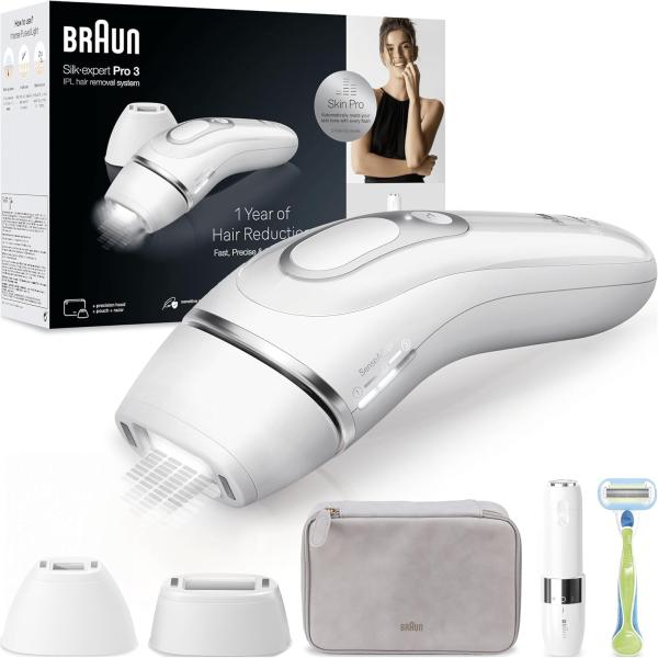 Image Épilateur Femme Braun PL3136 Silk·expert Pro 3 - À Lumière Pulsée - Épilation Semi-Définitive + Pochette, Rasoir Venus, 2 Têtes - Blanc/Argent