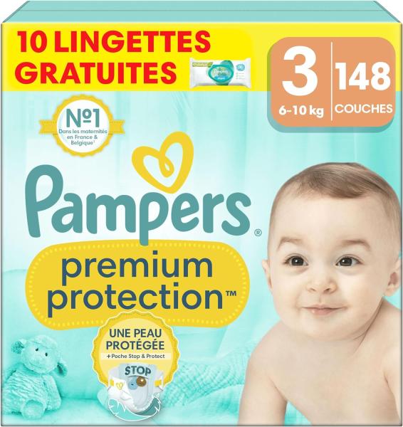Image Pack 148 Couches Pampers Premium Protection - Taille 3 - 6-10kg + 10 Lingettes Harmonie Aqua Gratuites