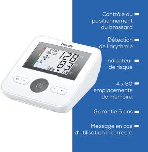 Image Tensiomètre Électronique au Bras Beurer BM 27 - Détecteur d'Arythmie Cardiaque, Tours de bras de 22 à 42 cm