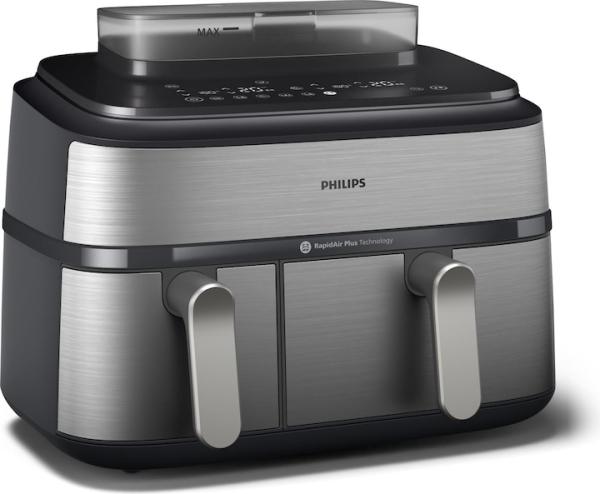 Image Philips NA555/00 Séries 5000 - Steam Airfryer Dual Basket - Friteuse sans Huile Double Panier - 12 Programmes - 9L,	 2750W - Inox Gris