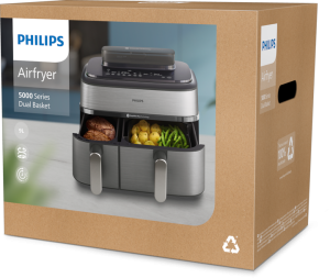 Image Philips NA555/00 Séries 5000 - Steam Airfryer Dual Basket - Friteuse sans Huile Double Panier - 12 Programmes - 9L,	 2750W - Inox Gris
