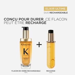 Image Pack Kérastase - Duo Huile capillaire Elixir Ultime Originale Rechargeable + Recharge (75ml x2) - Thermoprotection - Camélia, Argan et Marula