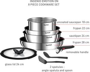 Image Batterie de cuisine 8 pièces Tefal Ingenio L8979804 Emotion - Poêles, Casseroles, Poignée amovible, Induction, Acier inoxydable, Revêtement antiadhésif