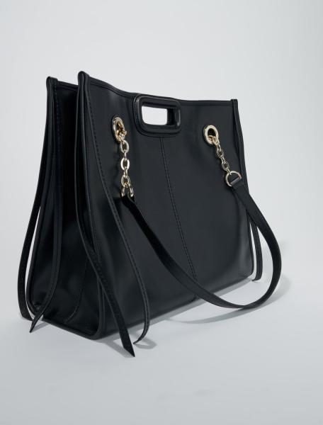 Image Maje Cabas en Cuir  Noir avec Franges - Bandoulière Chaîne - Élégant et Polyvalent