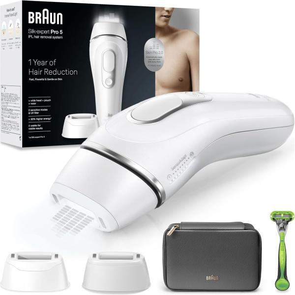 Image Épilateur À Lumière Pulsée Braun PL5145 Silk·expert Pro 5 - Avec Une Pochette, Un Rasoir Gillette, 2 Têtes, Or/Blanc