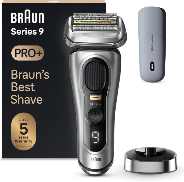 Image Rasoir Électrique Homme Braun Series 9 PRO+ 9527s - Tondeuse De Précision Intégrée, Étui PowerCase, Étanche, 60 Min D'autonomie - Argent