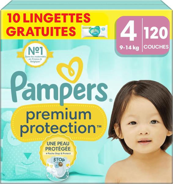 Image Pack 120 Couches Pampers Premium Protection Taille 4 , 9-14kg, Double Protection Pour La Peau et Contre Les Fuites + 10 Lingettes Harmonie Aqua OFFERTES