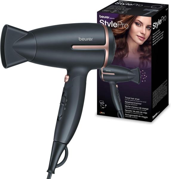 Image Sèche-cheveux de voyage Beurer HC25 - Fonction ionique - 1600W - Ergonomique avec Poignée Rabattable - Noir