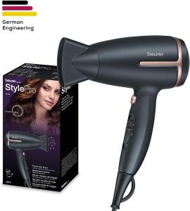 Image Sèche-cheveux de voyage Beurer HC25 - Fonction ionique - 1600W - Ergonomique avec Poignée Rabattable - Noir