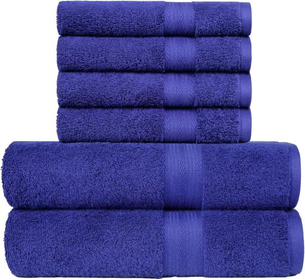 Image Pack 6 serviettes Amazon Basics - 100% coton pour salle de bain - 2 Serviettes de bain et 4 Serviettes à mains, Bleu Royal