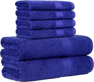 Image Pack 6 serviettes Amazon Basics - 100% coton pour salle de bain - 2 Serviettes de bain et 4 Serviettes à mains, Bleu Royal