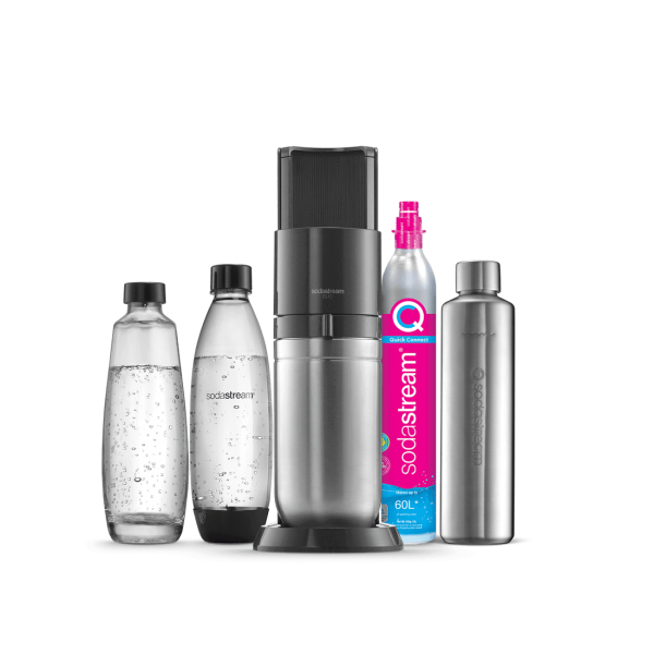 Image Sodastream Pack Métal Duo - Machine à Eau Pétillante + Carafe en verre 1L + Bouteille Métal 0,8L + Bouteille Fuse 1L + Recharge CO2 QuickConnect