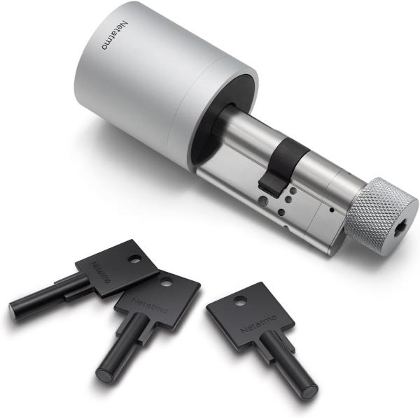 Image Pack Netatmo ‎NDL-EC Serrure intelligente grise et 3 clés intelligentes noires.
