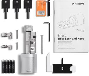 Image Pack Netatmo ‎NDL-EC Serrure intelligente grise et 3 clés intelligentes noires.