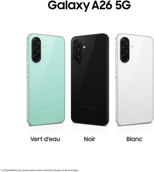 Image Smartphone 6,7" Samsung Galaxy A26 5G - Android, 128 Go + Chargeur Secteur Rapide 25W - Version FR - Noir, Blanc ou Vert d'eau