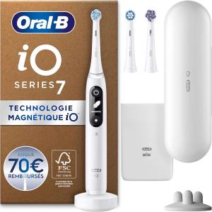 Image Brosse À Dents Électrique Oral-B iO Series 7 - Capteur De Pression - Chargeur, 2 Brossettes et Étui De Voyage - Blanc