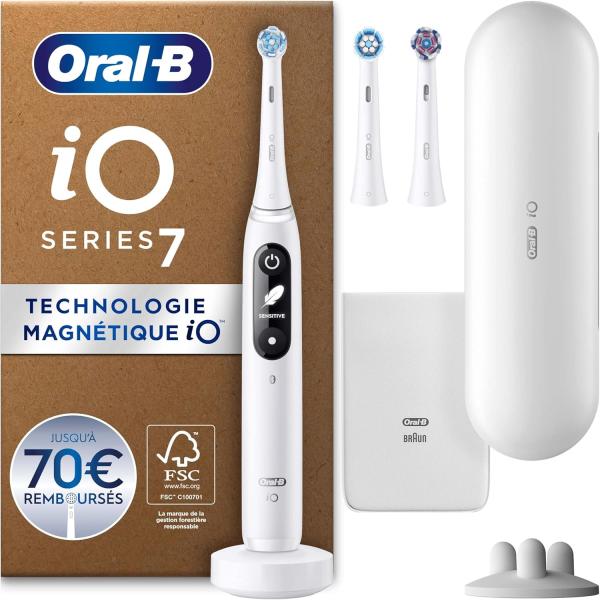 Image Brosse À Dents Électrique Oral-B iO Series 7 - Capteur De Pression - Chargeur, 2 Brossettes et Étui De Voyage - Blanc