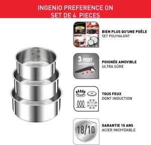 Image Pack 4 pièces Tefal L898S334 Ingenio Preference On - Casseroles 16/18/20 cm + 1 poignée amovible - Compatible Induction - Acier inoxydable