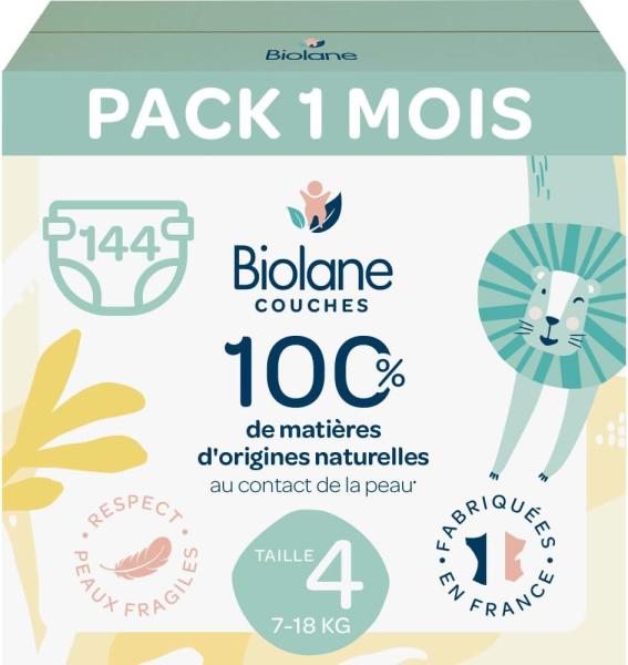 Image Pack 144 Couches BIOLANE - Taille 4 - (7-18 kg) - Peaux Sensibles - Ultra-Absorbant - 100% Matières d'Origines Naturelles